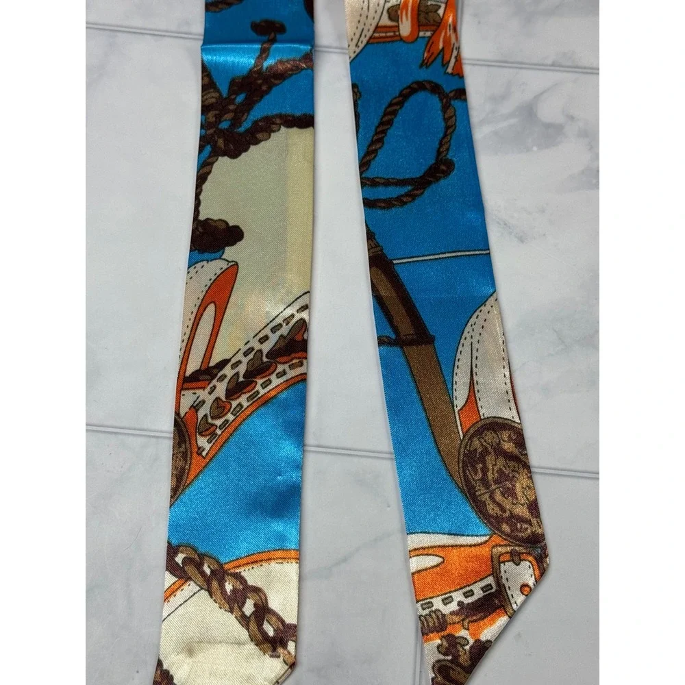 Blue Equestrian Print Skinny Scarf Handbag Wrap Headband Silk Style Tie